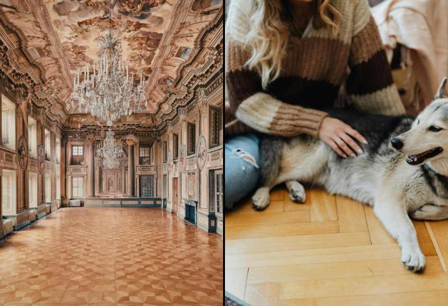 split image of parquet flooring